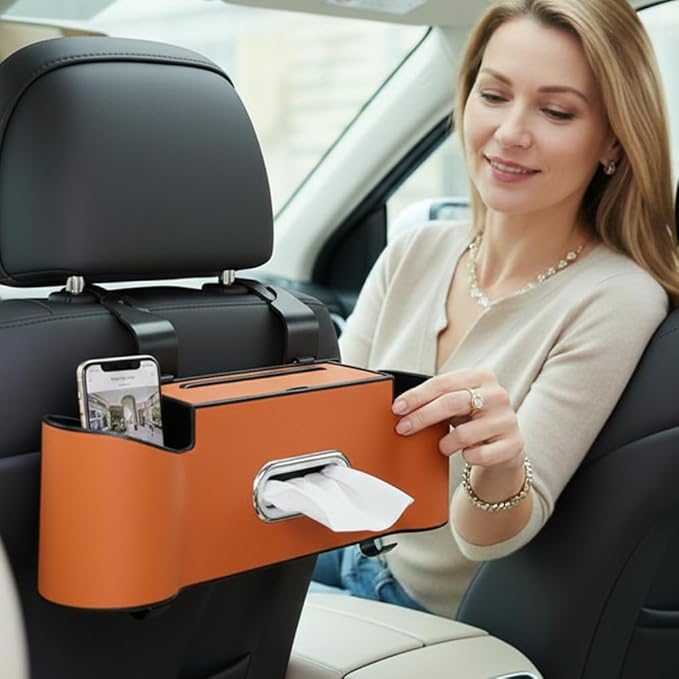 3-in-1 Car Backseat Organizer, 2026 New Multifunctional Back Seat Car Organizer with Cup Holder, Tissue Box, Trash Bin & Hooks for Hold Phones, Snacks, Drinks, Handbags (2, Brown)