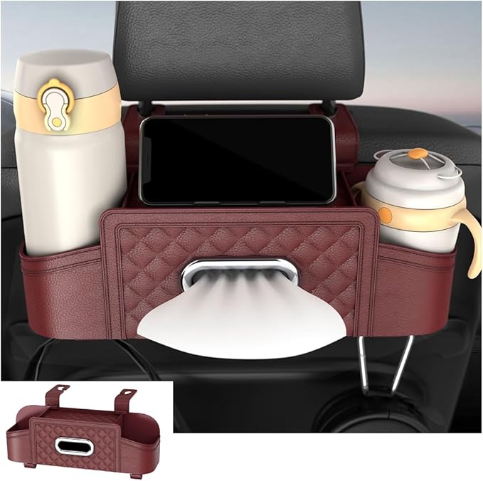 Mandark Car Headrest Backseat Organizer, Multifunctional Vehicle Seat Back Storage Box with Drink Cup Holder and Hooks, Automotive Travel Accessories, Universal for SUV, Sedan, Truck (Wine Red)