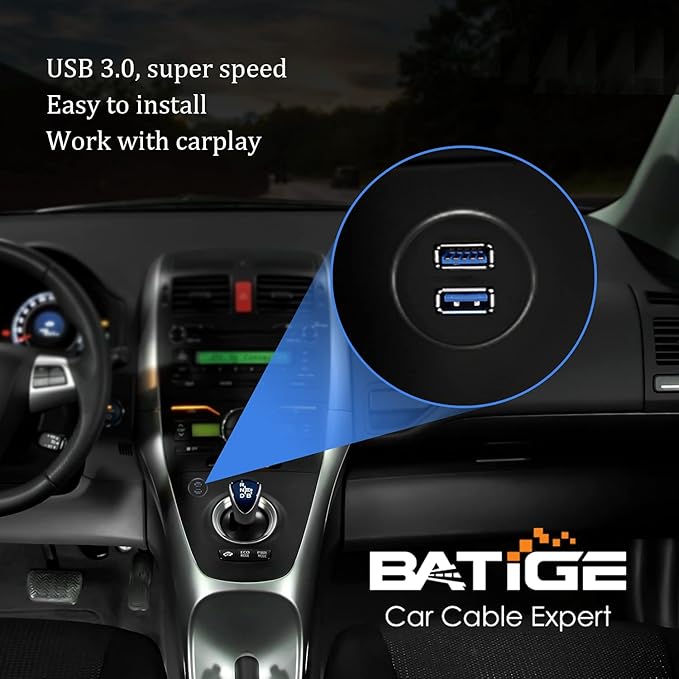 BATIGE 2 Ports Dual USB 3.0 Male to USB 3.0 Female AUX Flush Mount Car Mount Extension Cable for Car Truck Boat Motorcycle Dashboard Panel -3ft