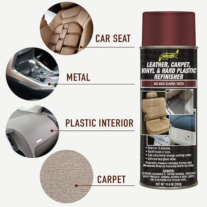 SM Arnold Refinishing Spray Paint - DARK RED 11 Oz. - For Leather, Carpet, Vinyl, Metal, Plastic, Polycarbonate, Polypropylene, Acrylic, Lexan, Fiberglass | Pro Grade Aerosol Refinisher