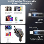 4 in 1 Retractable Car Charger,69W USB-C Fast Car Charger, for iPhone 17/16/15/14/13/12/11, Android,Pixel,Cigarette Lighter Charger (for Type C+Apple &RGB[Grey])