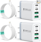 2 Pack USB C Wall Charger, 40W 4-Port USB C Fast Charger Block Dual Port QC+PD 3.0 Power Adapter, Multiport Type C Brick Charger with Lightning Cable for iPhone 14 13 12 11 Pro Max XS XR X 8 7 6 Plus
