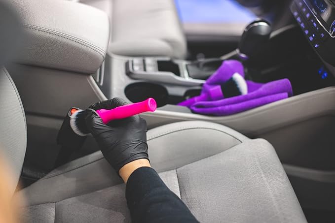 Detail Factory - Synthetic Detailing Brush - Ultra-Soft Bristles, Comfortable Grip and Scratch-Free Cleaning for Exterior, Interior, Emblems, Badges, Instrument/Gauge Panels (Pink, Short)