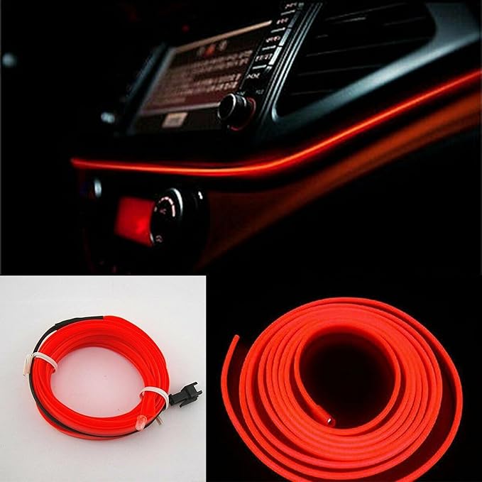 Riloer El Wire Lights for Car, Interior Neon Lights Strip Car LED Strip Light Interior for Car Garden Party Decoration, Car Ambient Lighting Kits, 3m/9.8ft Red LED