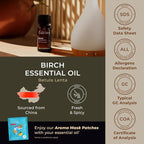 100% Pure Birch Essential Oil - 0.34 Fl Oz - Birch Oil for Hair, Skin, Diffuser, Aromatherapy & DIY Candle Making Scent