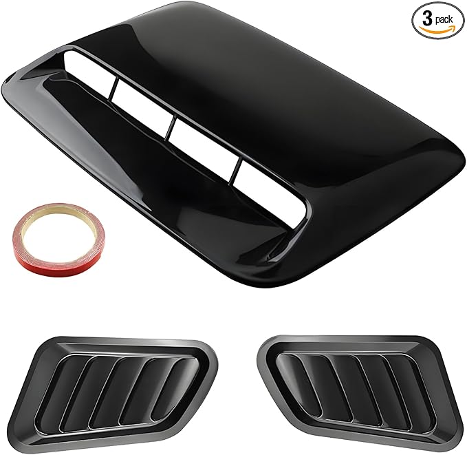 Universal Car Hood Scoop Cover with Side Air Vents, Black, Decorative Hood Air Flow Intake, 3-Piece Set with Mounting Tape (Shiny black)