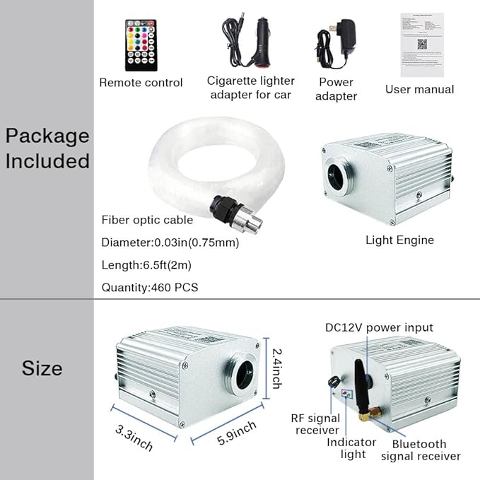 FIREWORK Starlight Headliner Kit, Fiber Optic Lights 10W RGBW Twinkle+Music Sync Effect+APP+Remote, 460pcs 6.5ft/2m 0.03in/0.75mm Fiber Cable for Star Lights for Car/EV & Home Theater Ceiling