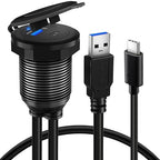 BATIGE Type C 3.0 USB 3.0 Alloy Shell Car Mount Flush USB Port Cable Male to Female, Car Truck Boat Motorcycle Dashboard Panel Extension Cable LED Indicator - 3ft