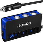 OOWOLF 7 in 1 180W Quick Charge 3.0 Cigarette Lighter Adapter, with Cigarette Lighter Function, for 12V-24V Car, 3-Socket Splitter, 4 USB Ports Car Power Adapter for GPS, Dash Cam, Phone, Tablet etc