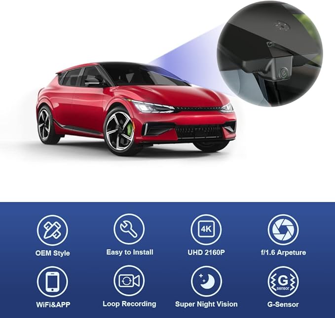 Fitcamx 4K Dash Cam Compatible with Kia EV6 2022-2025 GT GT-Line Light Long Range Wind, OEM Factory Look, UHD 2160P Video, Loop Recording, Built-in WiFi & APP, G-Sensor, Easy to Install, 64GB Card
