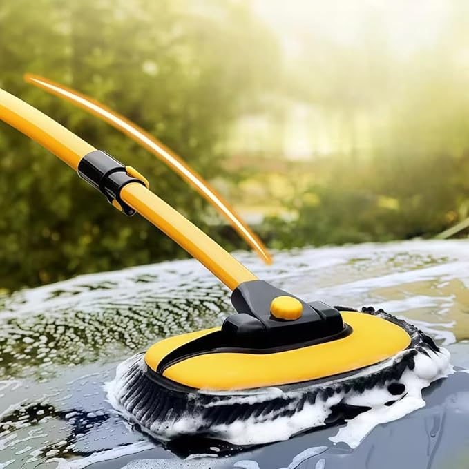 15° Curved Car Wash Brush with 43" Telescopic Handle – Microfiber Chenille Car Wash Mop for RV, SUV, Truck & Boat – Soft, Scratch-Free Extendable Cleaning Tool (Yellow&Black)