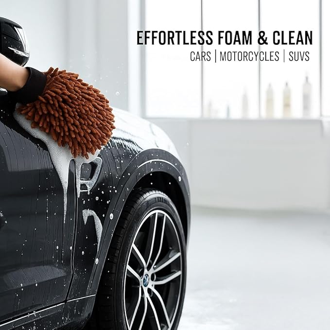 Car Wash Mitt Microfiber, 2PK-Scratch & Lint Free, Premium Chenille Microfiber Wash Mitt (Coffee Color)