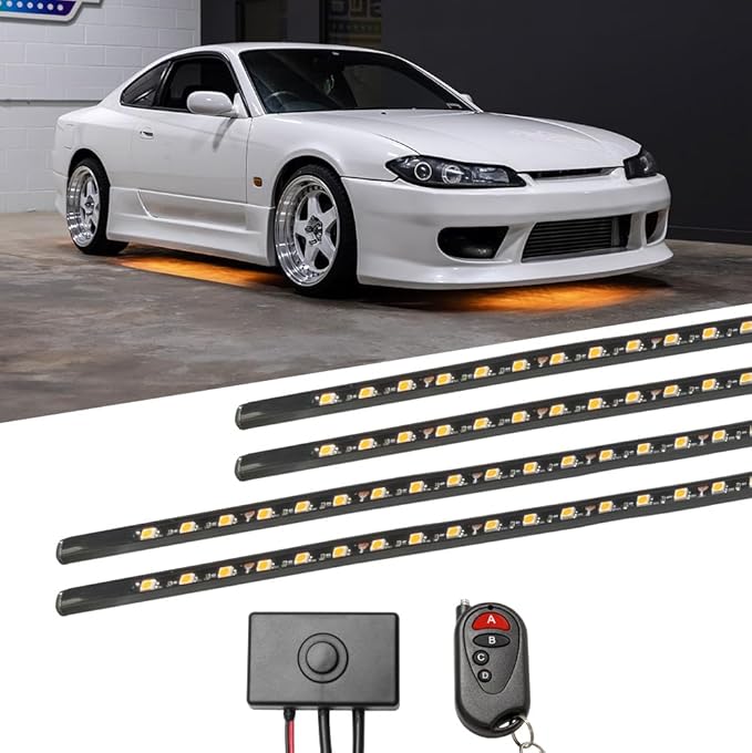 LEDGlow 4pc Orange Flexible Car Slimline LED Underbody Underglow Accent Neon Lighting Kit - 4 Unique Patterns - Water Resistant, Low Profile Tubes - Includes Control Box & Remote