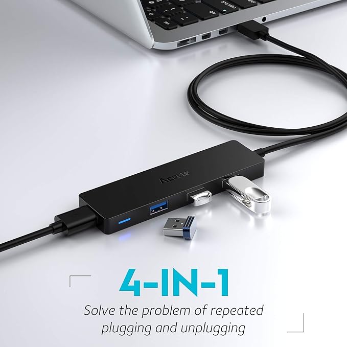 Aceele USB Hub 3.0 Splitter with 4ft Extension Long Cable Cord, 4-Port Ultra-Slim Multiport Expander for Desktop Computer PC, Laptop, Chromebook, Mac mini, iMac, PS4, Flash Drive Data and More