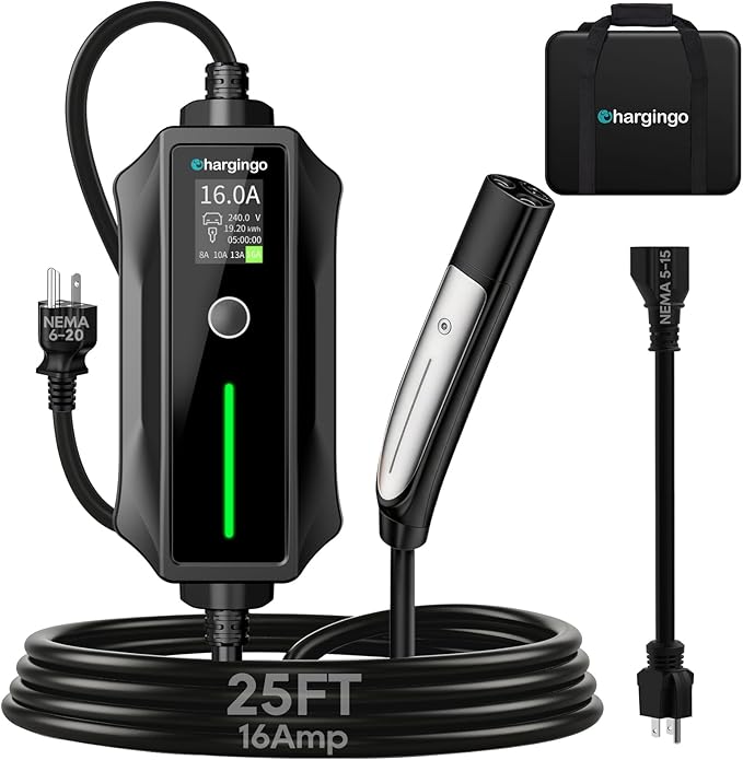 Level 1/2 Portable EV Charger for Tesla Model Y/3/S/X, Home 240V 16A (NEMA 6-20) & 120V 12A(NEMA 5-15 Adapter), Adjustable 8-16A, NACS, 25ft Cable, ETL Certified, LCD Display, Travel Bag