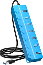 ONFINIO USB Hub 3.0, 7-Port USB Hub Splitter with Individual On/Off Switches and Lights, 3.2ft/1m Long Cable Compatible with MacBook, Laptop, Surface Pro, PS4, PC, Flash Drive, Mobile HDD-Blue