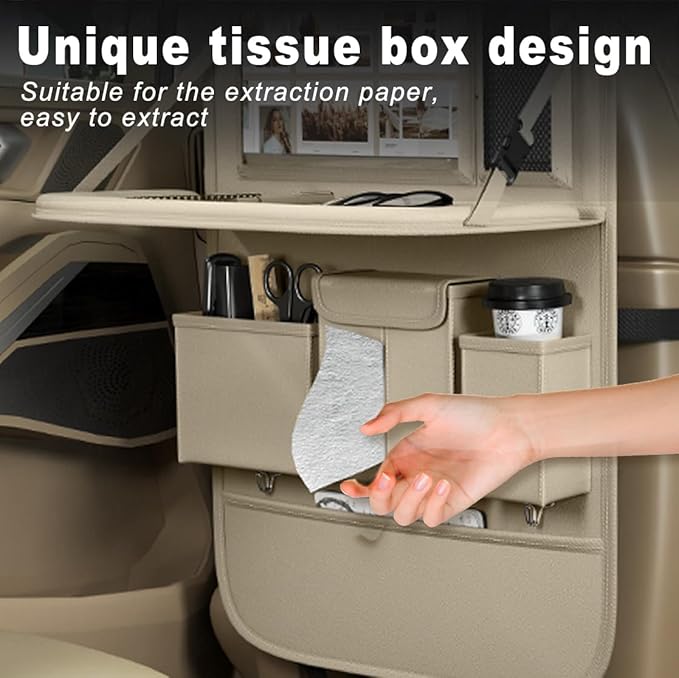 XDV Car Seat Organizers,Multi-functional Back Seat Protectors, Storage Pouches, and Tray Holders (for Cars, Kids, Seat Back and Rear Seats) (Plain Beige, 2 Pcs)