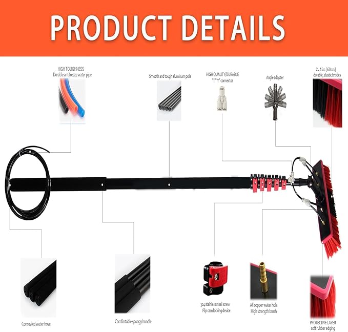 Water Fed Pole Kit for Window Cleaning - 12ft-36ft Telescopic Brush with Car Wash Brush and 20m Water Supply Hose for Home and Commercial Use