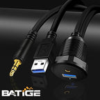 BATIGE Alloy USB 3.0 AUX DC3.5mm Port Car Mount Flush Cable for Car Boat Motorcycle Dash Panel with LED Indicator - 3ft