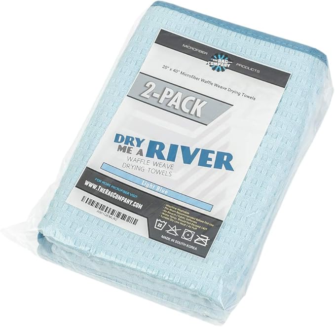 The Rag Company - Dry Me A River - Professional Korean 70/30 Blend Microfiber Waffle-Weave Drying & Detailing Towels, Soft Suede Edges, 390GSM, 20in x 40in, Light Blue (2-Pack)