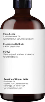 Majestic Pure Essential Oil with Glass Dropper - 100% Pure and Natural - Essential Oils for Diffuser, Aromatherapy, Soap and Candle Making, Cinnamon Essential Oil, Cinnamon Oil, 4 Fl Oz