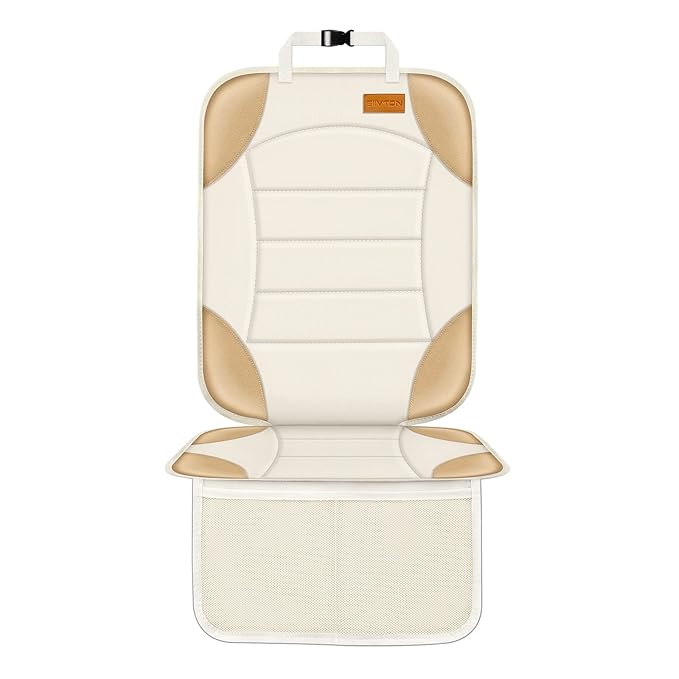 Siivton Car Seat Protector for Child Car Seats, Waterproof 600D Fabric Car Seat Cover, Non-Slip Backing, Thick Padding, Mesh Pockets for Storage, Protects Leather & Fabric Upholstery (Off-White)