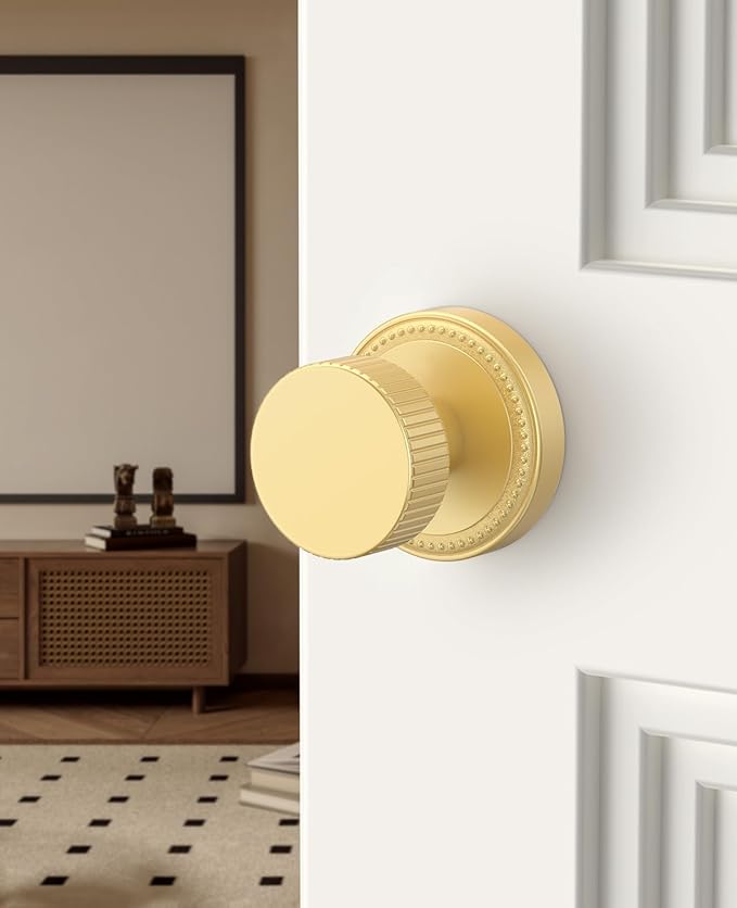 Asidrama 4 Pack Passage Gold Door Knob with Lock. Brush Gold Door Knobs Interior for Bedroom or Bathroom, Heavy Duty Door Handle for Left Right Sided Doors