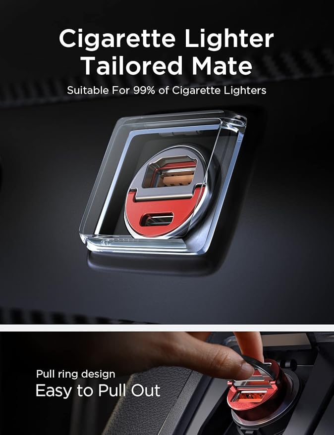 AINOPE 90W Super Fast Car Charger, Invisible USB C 45W Car Charger Fast Charging Type C, [Mini&Metal] Cigarette Lighter USB Adapter Fits Samsung Galaxy S25 Ultra S24 iPhone 16 15 Pro Max Piexl, Red