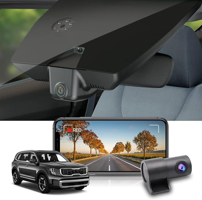 Fitcamx 2K Dual Dash Cam Adapts for Kia Telluride 2020 2021 2022 S LX EX SX X-pro X-Line (Part No.S9000), OEM Style, Front 1440P+Rear 1080P Video, Loop Recording, WiFi & APP, G-Sensor, 64GB Card