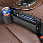 Car Seat Gap Filler Organizer with Cup Holders, Seat Gap Storage Box for Drinks, Phones, Keys, Sunglasses, Cards, and Small Essentials (Beige, Driver's + Passenger Seat)