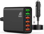 Multi Ports USB Car Charger, 96W 6 Port QC3.0 Fast Adapter Multiple Ports, with Four Quick Charge 3.0 Port, 12V-24V Multi Device Cigarette Lighter for Smart Phone & Tablets Charging