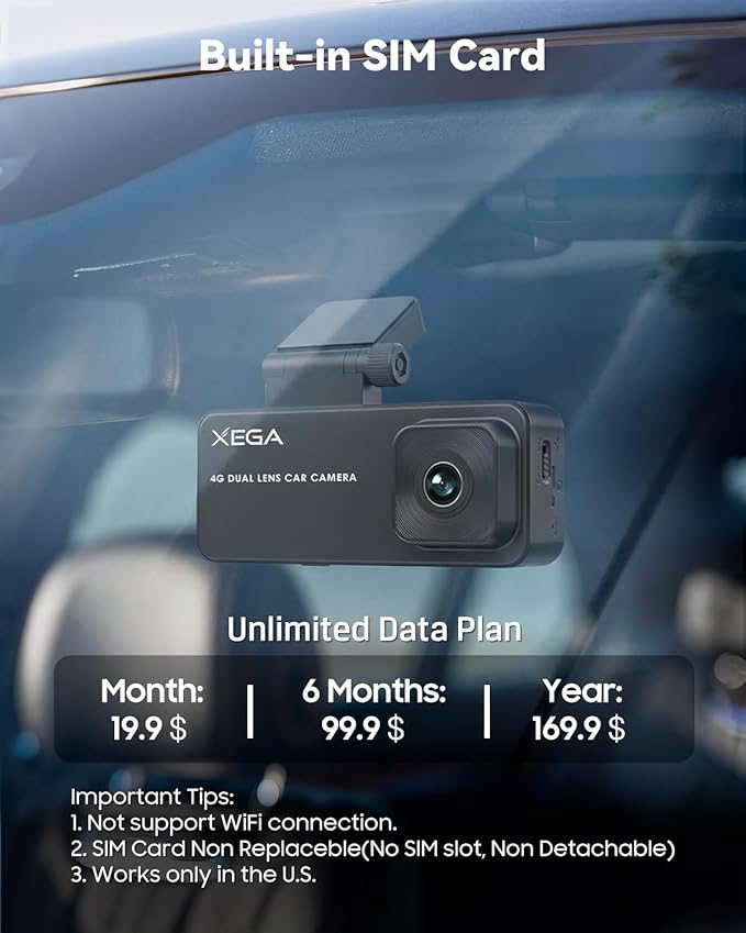 XEGA 2K 4G LTE Dual Dash Cam Front Inside, OBD Powered 24/7 Sentry Mode, APP Remote Live-View, GPS Tracking, No WiFi Car Security Camera Anti-Theft, Real-Time Alerts, Built-in SIM Card(7-Day Trial)