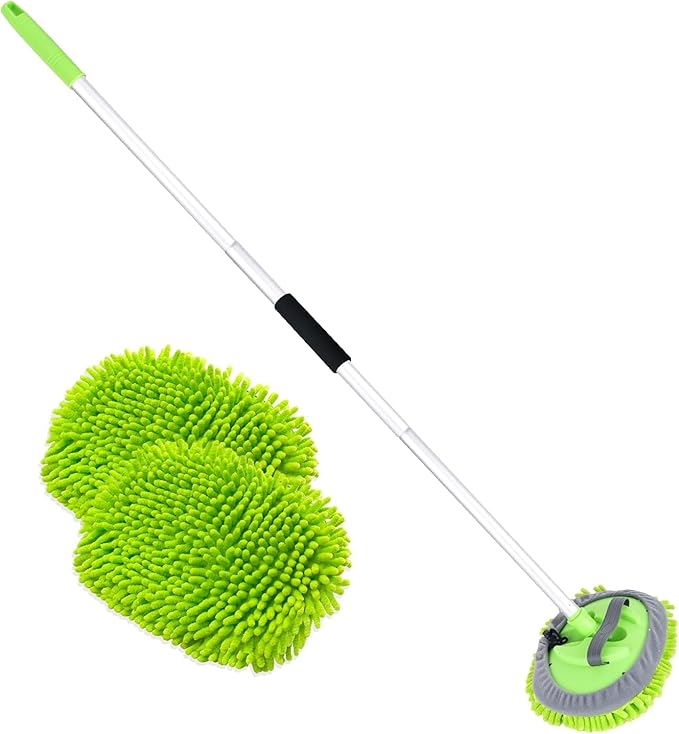 62" Car Wash Brush with Long Handle and Car Wash Brush Microfiber Car Cleaning Brush Kit for Car RV Truck Cleaning 1 Chenille Scratch-Free Replacement Head with Aluminum Alloy Pole (Green)