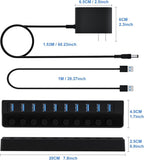 ONFINIO Powered USB Hub 3.0, 10-Port USB Splitter Hub with Individual On/Off Switches and 12V/2A Power Adapter USB Extension