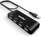 USB Hub, 4-Port USB 3.0 Hub Splitter with 2 ft Extended Cable, Ultra Slim Data USB Extender with Individual Power Switches and LED