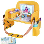 MENZOKE Kids Travel Tray for Toddler Car Seat, Toddler Gift for Boy Activities with iPad Holder Stand & Storage Pockets, Road Trip Essentials Accessories Lap Tray as Travel Gifts for Kid, Yellow