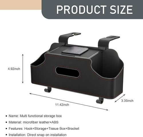 1 PC Car Seat Back Organizer, Car Back Seat Multi-Function Storage Box with 2 Drink Cup Holders, 11.42" x 3.35" Leather Tissue Organizer, Universal for Most Cars, Trucks, SUVs (Black)