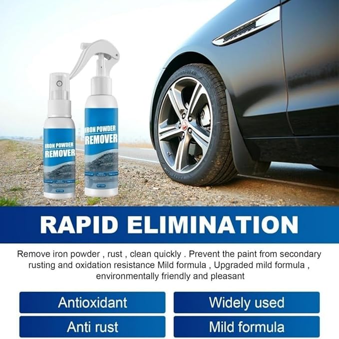 Iron Powder Remover Spray, Multi-Functional Quick-Acting Rust Removal Spray - pH Neutral & Paint Safe Car Detailing for Wheels, Rims & Metal Tools - Advanced Formula, No Damage to Surface (100 ML*2)