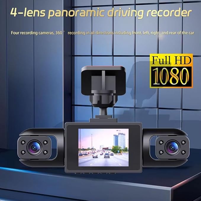 Full View Car Dashcam System, 360° 4 Channel Dash Cam for Cars Front/Rear/Left/Right, 4k Definition 1080p with 32/64/128GB, with Interior Infrared Light Sensor Loop Recording