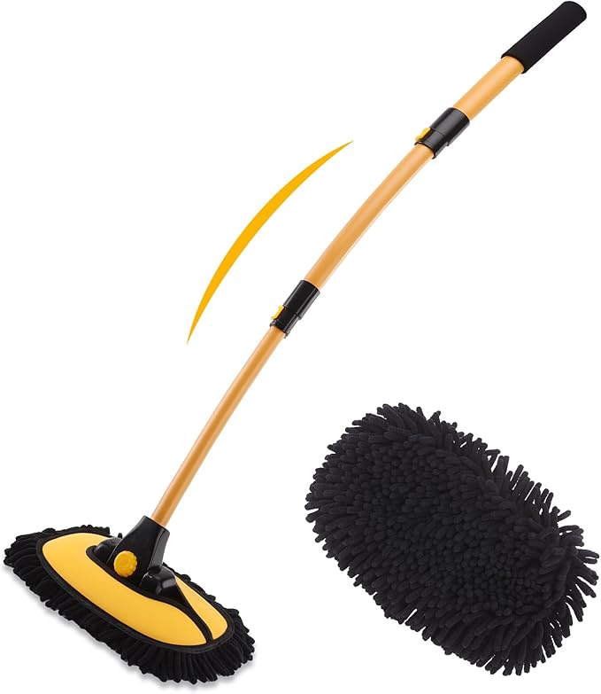 15° Curved Car Wash Brush with 43" Telescopic Handle – Microfiber Chenille Car Wash Mop for RV, SUV, Truck & Boat – Soft, Scratch-Free Extendable Cleaning Tool (Yellow&Black)
