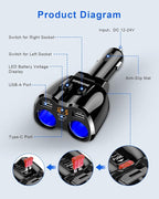 SUPERONE Upgraded Cigarette Lighter Splitter, 2 Socket Cigarette Lighter Adapter with LED Voltmeter, Dual USB A 12V and Type C 20W PD Car Charger Adapter for Mobile Cell Phone GPS Dash Cam