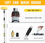 LAANPOLE 12FT Car Wash Brush with Long Handle, Car Cleaning Brush with 12 Inch Soft Bristle and Soap Dispenser, Solar Panels Cleaner with Telescoping Pole for RV, Truck, Boat, House Siding, Yellow