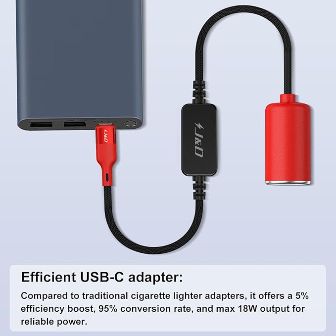 J&D USB C Male to 12V Car Cigarette Lighter Socket Female Converter Cable, 12V 18W Power Cable for Dash Cam, GPS, Car LED Light Strips, Red, 3 ft