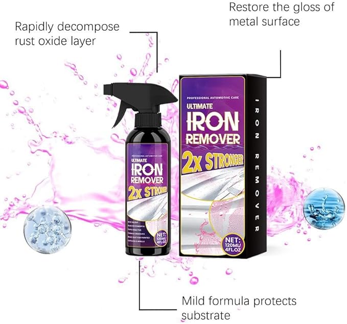 Iron Remover Car Detailing, 4 fl.oz Portable Rust Remover Spray, Fast-Drying & Gentle Formula, Removes Rust, Iron Deposits & Brake Dust for Vehicles & Metal Tools (2 Pack)