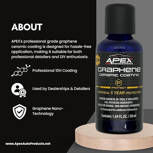 Apex 5 Year Graphene Ceramic Coating 10H with 2 Applicators 50mL - Durable Car Paint Protection - Applies Easily - Hydrophobic Graphene Ceramic for Ultra Gloss - Great on Paint/Glass/Wheels
