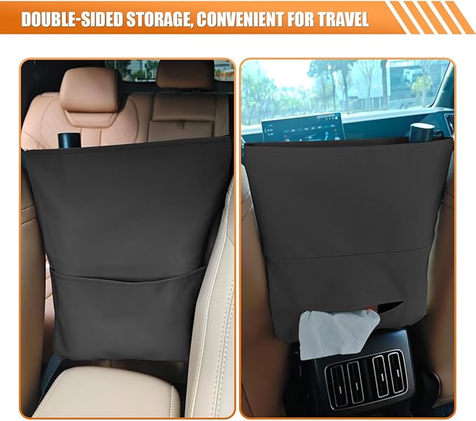 Car Handbag Holder Between Seats, Luxury Leather Car Purse Holder with Tissue Box, Multi-Pocket Large Capacity Storage Bag, Hanging Auto Organizer Pets Kids Barrier for Safe Driving (Black)