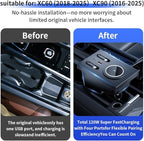 Car USB Hub Docking Station for Volvo XC60 XC90 S90 V90 S60 V60 Type-C Fast Charger Auto Interior Centre Console Accessories Cigarette Lighter Decoration Phone Wireless Charging Adapter