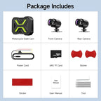 Motorcycle Dash Cam Front and Rear, Dual 1080p Dash Cam for Motorcycle with 64GB SD Card IP67 Waterproof, Loop Recording 24H Parking Monitor Night Vision with App Control Max Support 128 GB