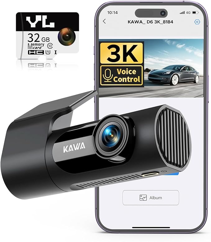 KAWA 3K Dash Cam Front, 32GB SD Card Included, Voice Control, Built-in Wi-Fi, 24/7 Parking Mode, G-Sensor, Night Vision, Loop Recording, App Control, 3K Dashcam for Cars, Truck, RV, SUV, Van