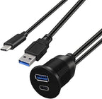 BATIGE Type C 3.0 and USB 3.0 A Male to Female AUX Car Mount Flush Cable Waterproof Extension for Car Truck Boat Motorcycle Dashboard Panel - 3ft